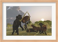 A pack of Saber Tooth Cats attack a small Woolly Mammoth Fine Art Print