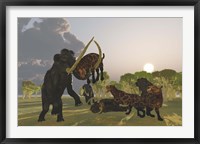 A pack of Saber Tooth Cats attack a small Woolly Mammoth Fine Art Print