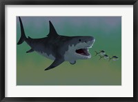 Several Tuna fish try to escape from a huge Megalodon shark Fine Art Print