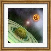 A planet in the future is surrounded by a protective grid system Fine Art Print