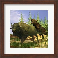 A Saber-Tooth cat pounces onto a frightened Buffalo Fine Art Print