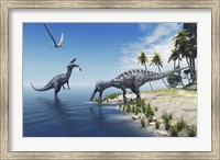 Suchomimus dinosaurs feed on fish on the shoreline Fine Art Print