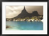 A mountain spire overlooking the turquoise waters of a sea inlet Fine Art Print
