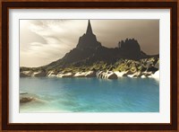 A mountain spire overlooking the turquoise waters of a sea inlet Fine Art Print