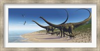 A Diplodocus herd comes down to a lake for a drink of water Fine Art Print
