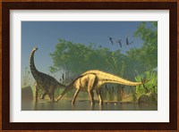 Spinophorosaurus dinosaurs grazing the inhabited swamps of the Jurassic period Fine Art Print