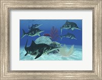 A group of large Ichthyosaurus marine reptiles swimming in prehistoric waters Fine Art Print