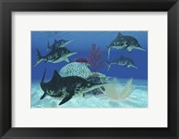 A group of large Ichthyosaurus marine reptiles swimming in prehistoric waters Fine Art Print
