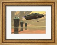 Two spacecraft takeoff from a colony on a desert planet Fine Art Print