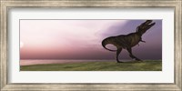 A Tyrannosaurus Rex dinosaur roars his defiance on an oceanside bluff Fine Art Print