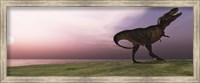 A Tyrannosaurus Rex dinosaur roars his defiance on an oceanside bluff Fine Art Print