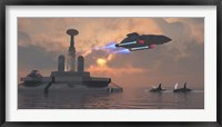 Artist's concept of a futuristic colony on a water planet Framed Print