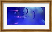 Starships blast past a blue planet and its moons Fine Art Print
