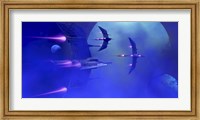 Starships blast past a blue planet and its moons Fine Art Print
