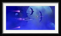 Starships blast past a blue planet and its moons Framed Print