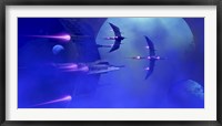 Starships blast past a blue planet and its moons Framed Print