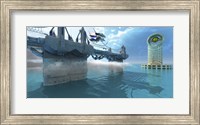 A spaceship takes off from a skyway on an alien planet Fine Art Print