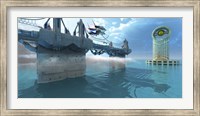 A spaceship takes off from a skyway on an alien planet Fine Art Print
