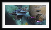 Spacecraft return to a spaceport in orbit around an alien planet Framed Print