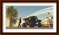 A female soldier draws her gun on a distant planet Fine Art Print