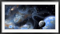 An Earth-like planet and its moon hover near a blue nebula Fine Art Print