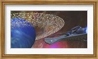 A spacecraft passes by a blue planet with a ring of asteroids Fine Art Print
