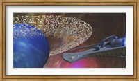 A spacecraft passes by a blue planet with a ring of asteroids Fine Art Print