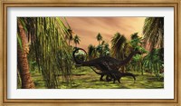 An Apatosaurus mother escorts her hatchling baby Fine Art Print