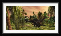 An Apatosaurus mother escorts her hatchling baby Framed Print