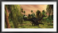 An Apatosaurus mother escorts her hatchling baby Framed Print