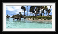 Two Coahuilaceratops dinosaurs wade through tropical waters Framed Print