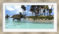 Two Coahuilaceratops dinosaurs wade through tropical waters Fine Art Print