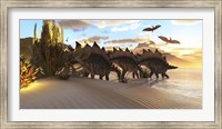 Stegosaurus dinosaurs graze among the vegetation by a lake in the Jurassic Period Fine Art Print
