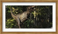 A mighty Tyrannosaurus Rex hunts for prey in a dense jungle Fine Art Print