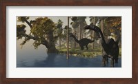 Two Apatosaurus dinosaurs visit an island in prehistoric times Fine Art Print