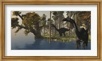 Two Apatosaurus dinosaurs visit an island in prehistoric times Fine Art Print