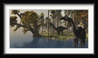 Two Apatosaurus dinosaurs visit an island in prehistoric times Framed Print