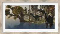 Two Apatosaurus dinosaurs visit an island in prehistoric times Fine Art Print