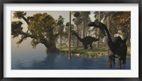 Two Apatosaurus dinosaurs visit an island in prehistoric times Framed Print