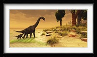 A mother Brachiosaurus Dinosaur and her offspring Framed Print