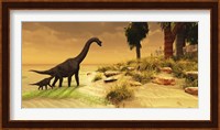 A mother Brachiosaurus Dinosaur and her offspring Fine Art Print