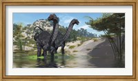 Two Apatosaurus dinosaur wade through a lush pond Fine Art Print