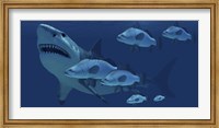 A school of fish encounter a monstrous Megalodon shark Fine Art Print