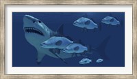 A school of fish encounter a monstrous Megalodon shark Fine Art Print