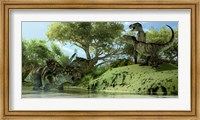 Confrontation between two Tyrannosaurus Rex and a Coahuilaceratops Fine Art Print