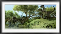 Confrontation between two Tyrannosaurus Rex and a Coahuilaceratops Fine Art Print