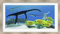 A school of Lemonpeel Angelfish swim by Plesiosaurus dinosaurs Fine Art Print