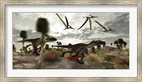 Two Utahraptors hunt for prey as pterosaurs fly above Fine Art Print