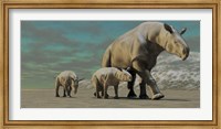 A Paraceratherium mother with two twin calves walks along a desert Fine Art Print