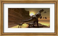 Mother Allosaurus observes Archaeopteryx birds at sunset Fine Art Print